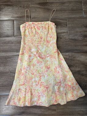 Ann Taylor Peach and Yellow Floral Spaghetti-Strap Dress Sz 8 Linen Feminine